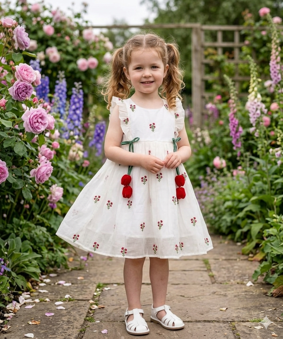 Premium White Chanderi Silk Floral Embroidered Girls Frock with Ruffle Sleeves