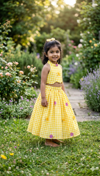 Girls Gingham Check Crop Top with Floral Printed Skirt Set