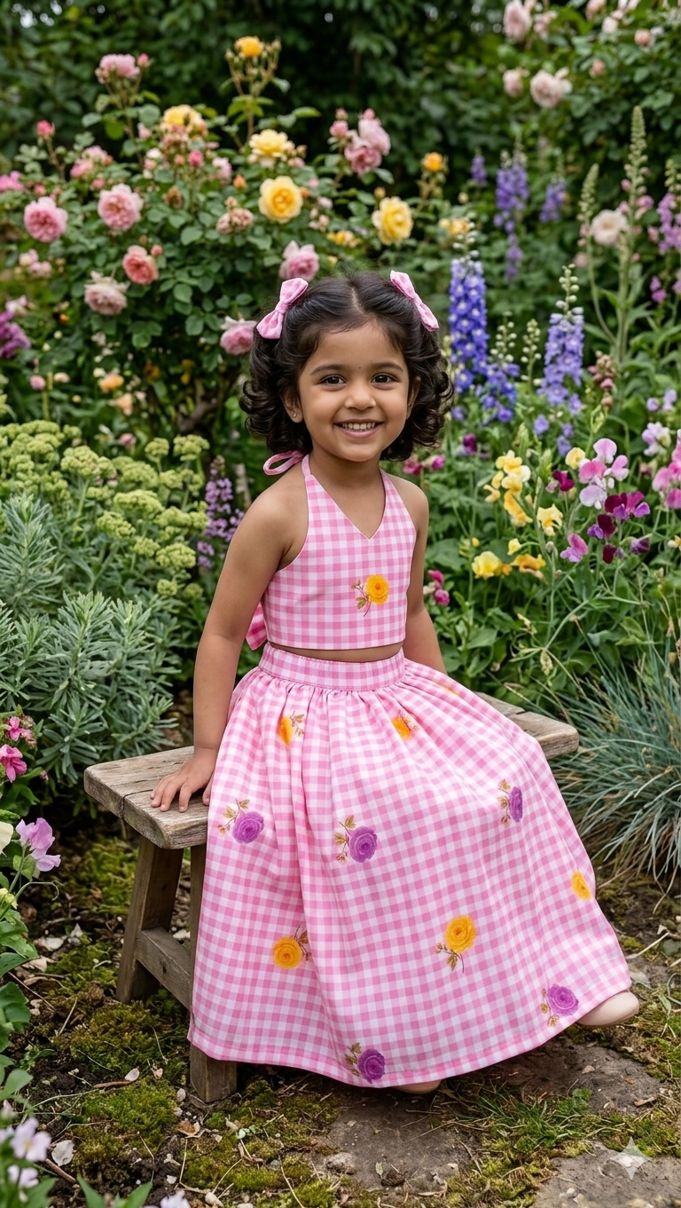 Girls Gingham Check Crop Top with Floral Printed Skirt Set
