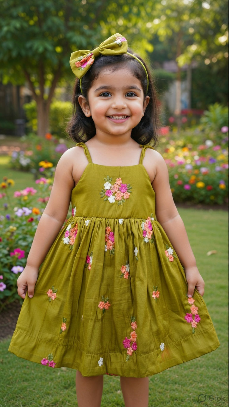 Green Floral Embroidery Mal Chanderi Silk Party Wear Frock by KID VASTRA