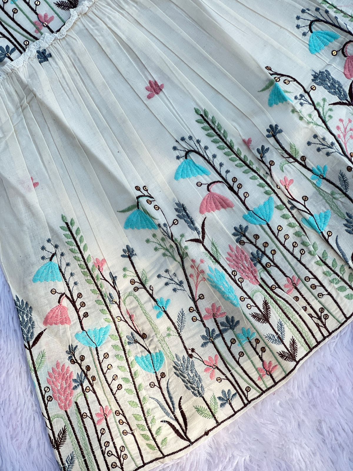 Flamingo Butti Embroidery Work on Khadi Cotton Fabric Kids Frock
