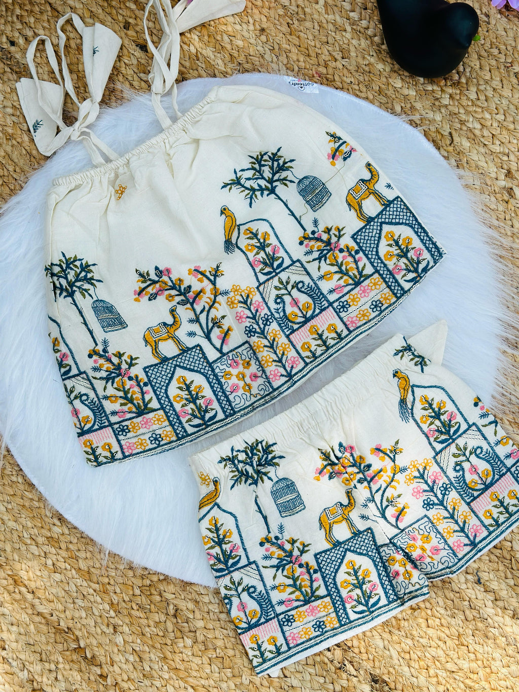 Blossom Embroidery Work on Khadi Cotton Fabric Kids Cord-Set