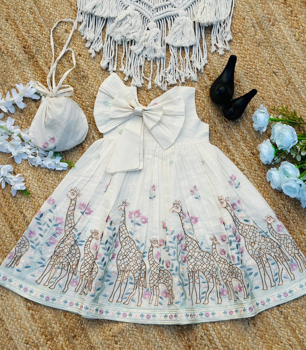 Giraffe Garden Hand-Embroidered Kids Frock