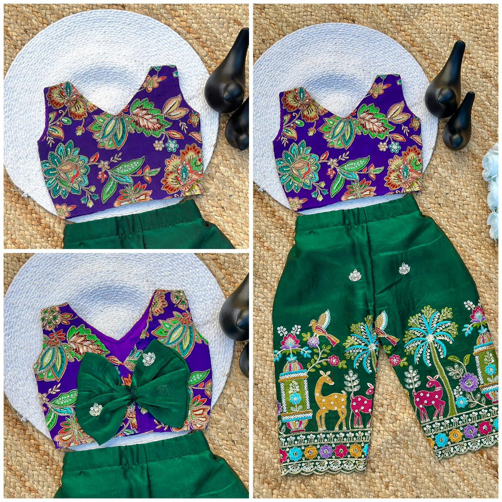 Girls Position Printed Crop Top & Hand-Embroidered Bottom Set