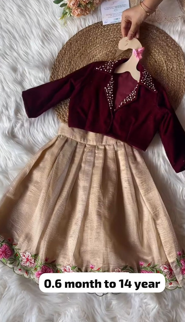 Girls Ethnic Wear - Maroon Velvet Pearl Work Choli with Gold Crush Lehenga & Floral Border