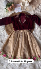Girls Ethnic Wear - Maroon Velvet Pearl Work Choli with Gold Crush Lehenga & Floral Border