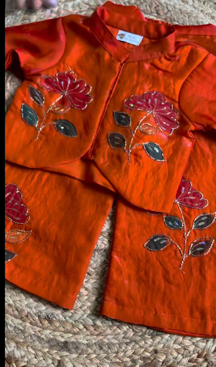 Zinnia Glow: Girls' Fancy Satin Hand-Embroidered Jacket & Trouser Set