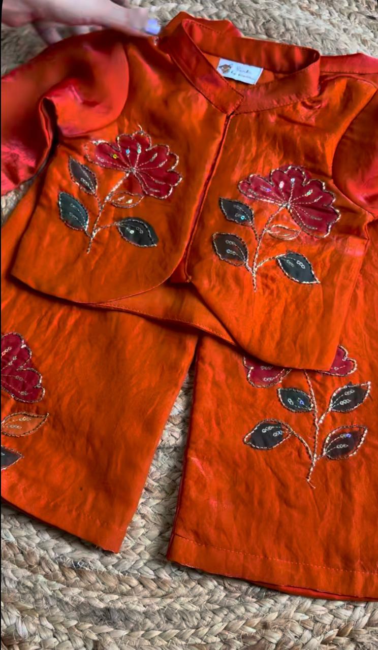 Zinnia Glow: Girls' Fancy Satin Hand-Embroidered Jacket & Trouser Set