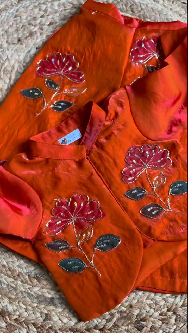 Zinnia Glow: Girls' Fancy Satin Hand-Embroidered Jacket & Trouser Set