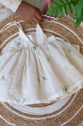 Hand-Embroidered Cotton Linen Baby Dress – White Floral Halter Sun Dress with Tie Shoulders