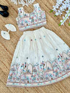 Girls' Off-White Lehenga Choli with Intricate Floral Embroidery