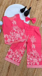 Pure Khadi Cotton Printed Vest Top and Palazzo Set with Matching Bow - Pink