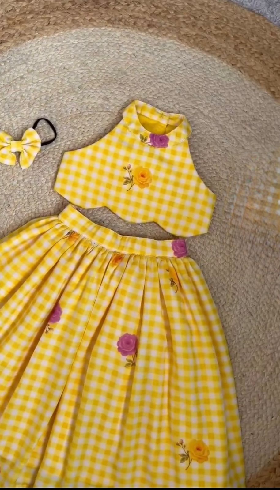 Girls Gingham Check Crop Top with Floral Printed Skirt Set