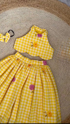 Girls Gingham Check Crop Top with Floral Printed Skirt Set