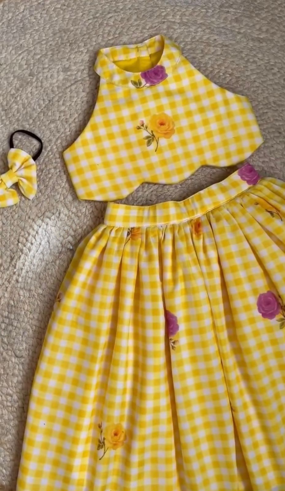 Girls Gingham Check Crop Top with Floral Printed Skirt Set