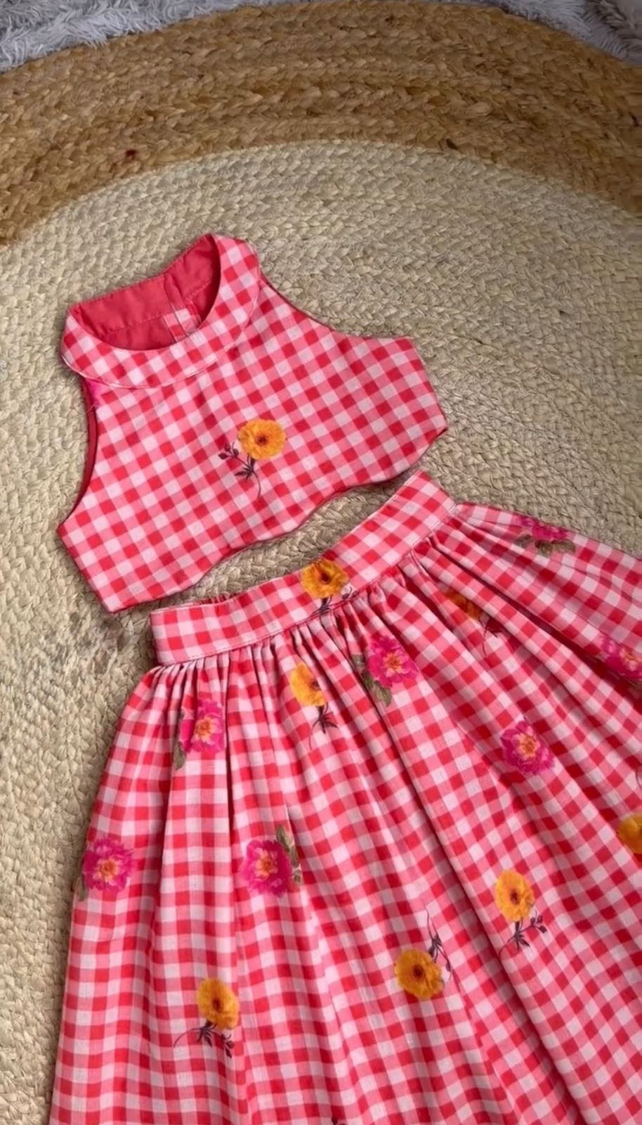 Girls Gingham Check Crop Top with Floral Printed Skirt Set