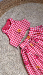 Girls Gingham Check Crop Top with Floral Printed Skirt Set