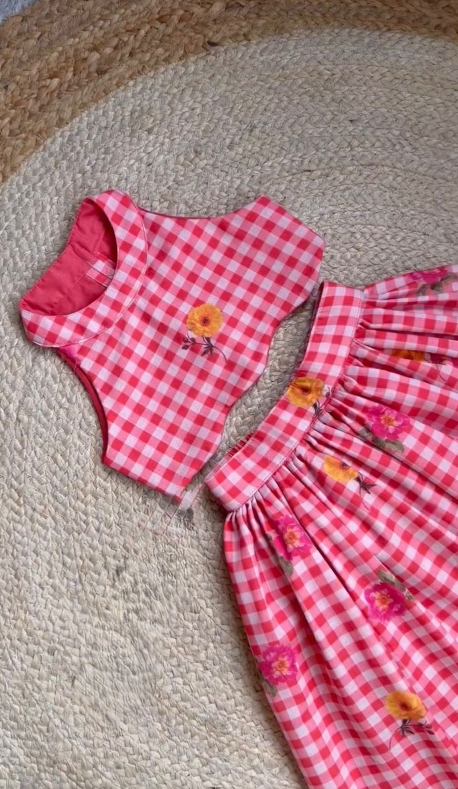 Girls Gingham Check Crop Top with Floral Printed Skirt Set