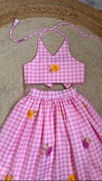 Girls Gingham Check Crop Top with Floral Printed Skirt Set