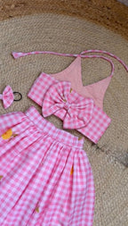 Girls Gingham Check Crop Top with Floral Printed Skirt Set