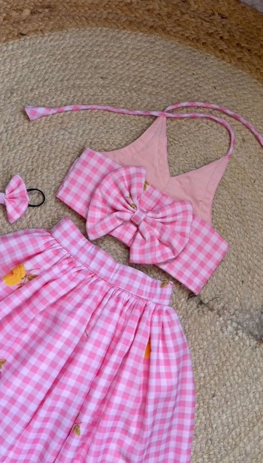 Girls Gingham Check Crop Top with Floral Printed Skirt Set