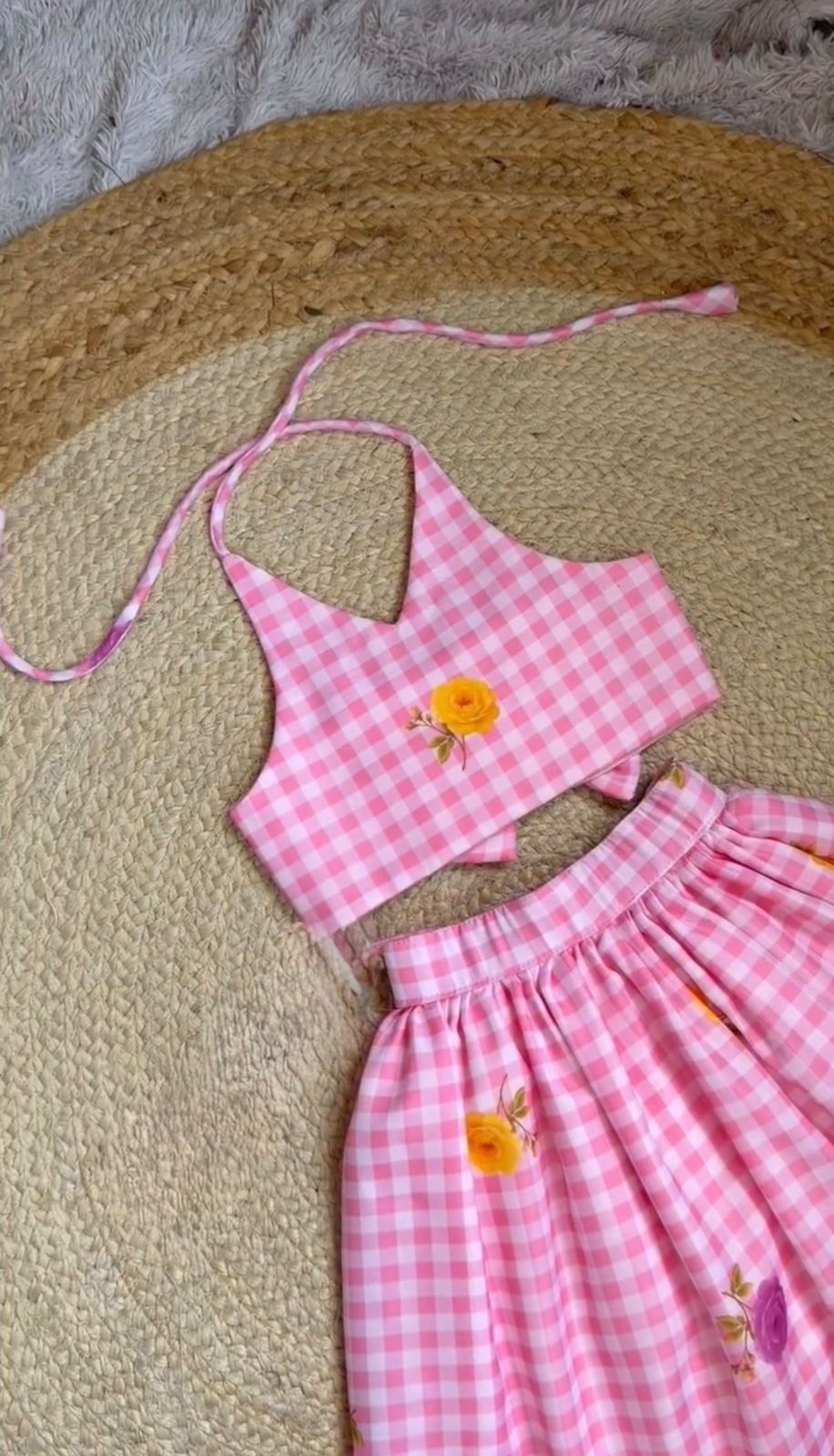 Girls Gingham Check Crop Top with Floral Printed Skirt Set