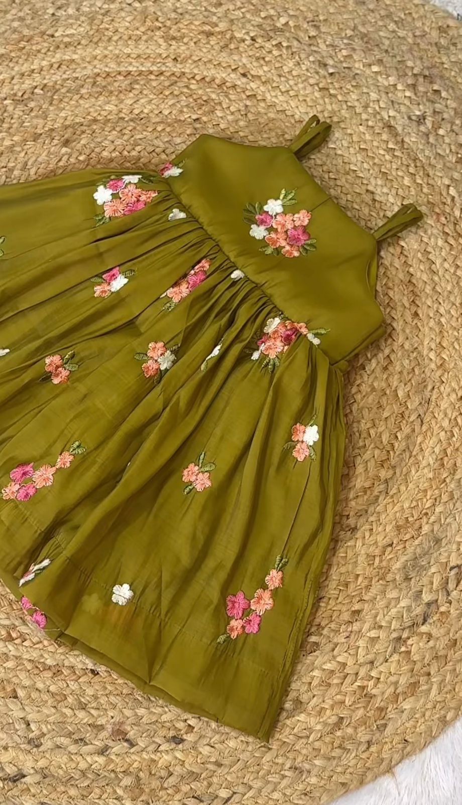 Green Floral Embroidery Mal Chanderi Silk Party Wear Frock by KID VASTRA