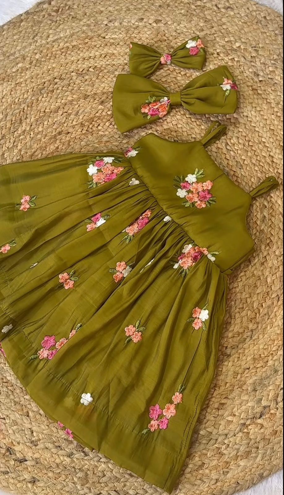 Green Floral Embroidery Mal Chanderi Silk Party Wear Frock by KID VASTRA