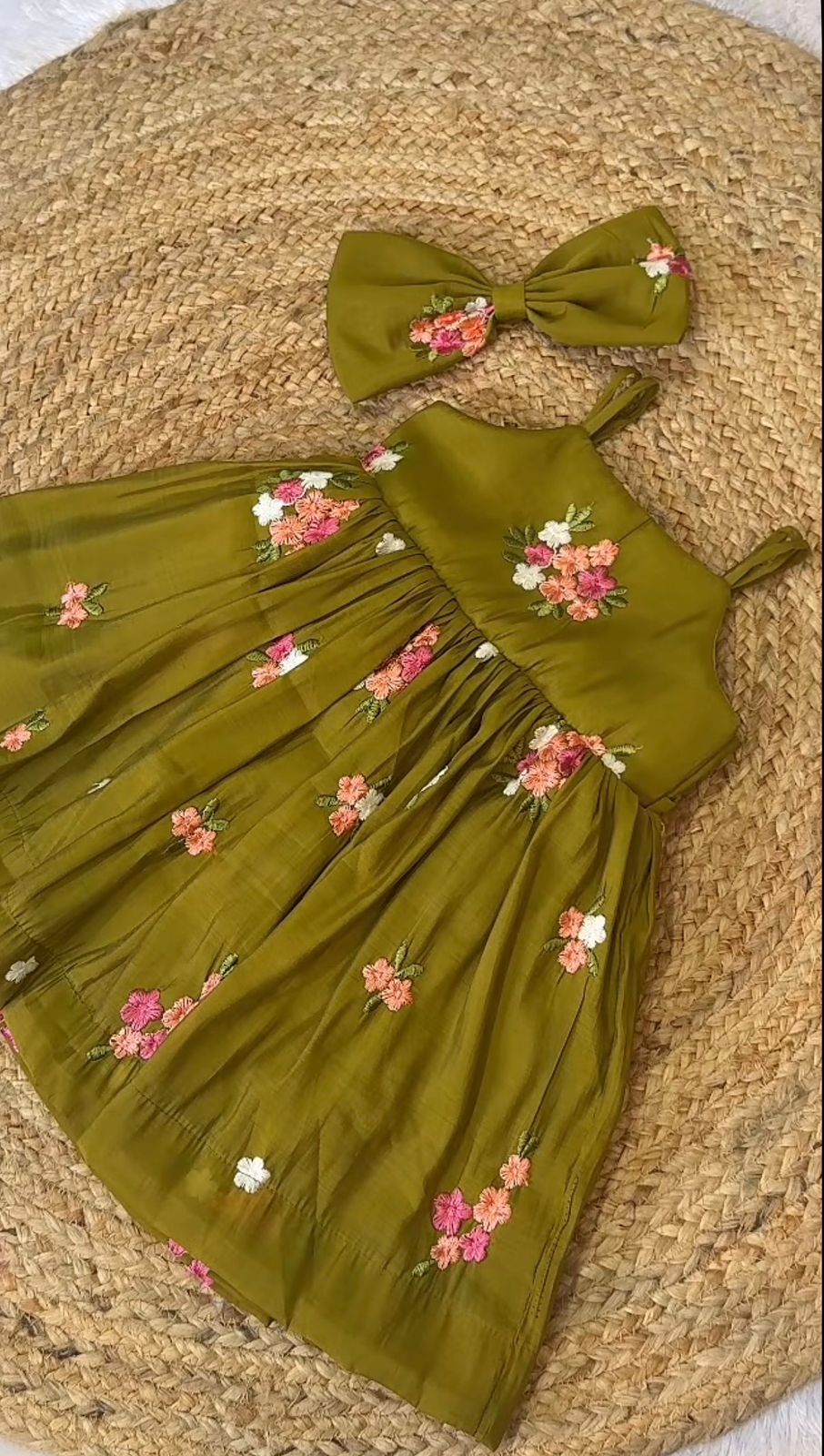 Green Floral Embroidery Mal Chanderi Silk Party Wear Frock by KID VASTRA