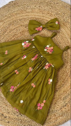 Green Floral Embroidery Mal Chanderi Silk Party Wear Frock by KID VASTRA