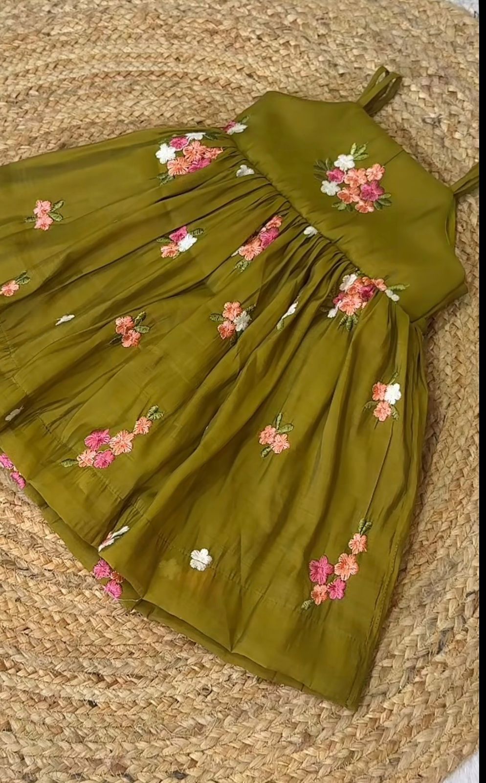 Green Floral Embroidery Mal Chanderi Silk Party Wear Frock by KID VASTRA