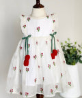 Premium White Chanderi Silk Floral Embroidered Girls Frock with Ruffle Sleeves
