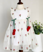 Premium White Chanderi Silk Floral Embroidered Girls Frock with Ruffle Sleeves