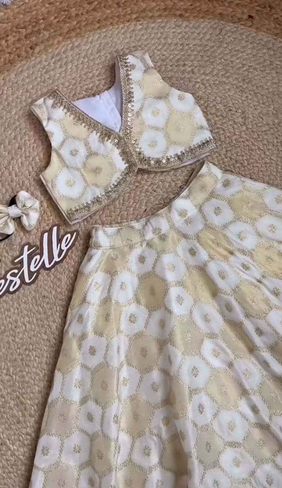 Girls White & Gold Geometric Print Lehenga Choli Set with Sequin Border