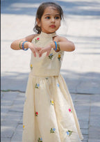 Girls Cream Cotton Silk Halter Neck Top with Lehengha Set