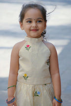 Girls Cream Cotton Silk Halter Neck Top with Lehengha Set