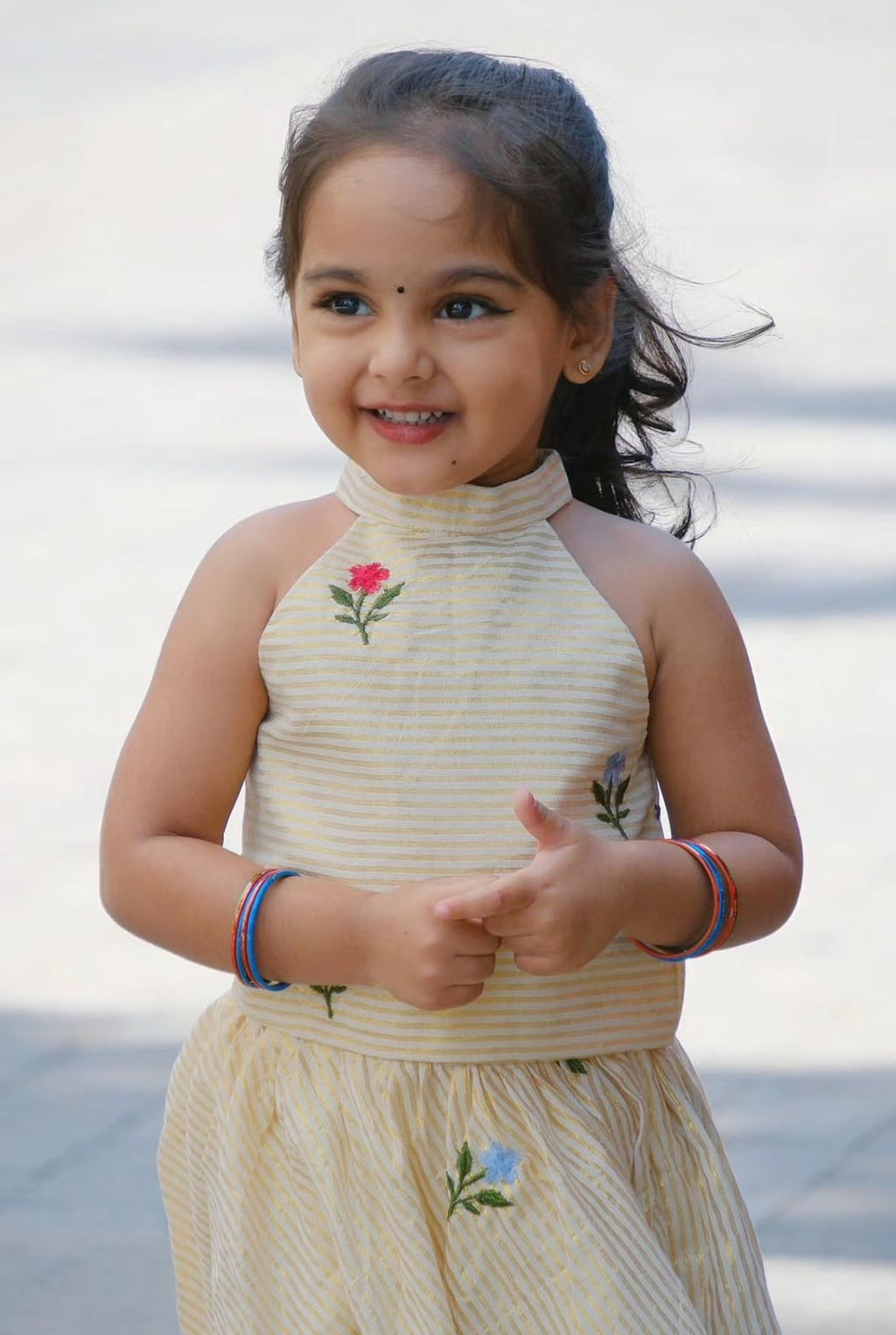 Girls Cream Cotton Silk Halter Neck Top with Lehengha Set