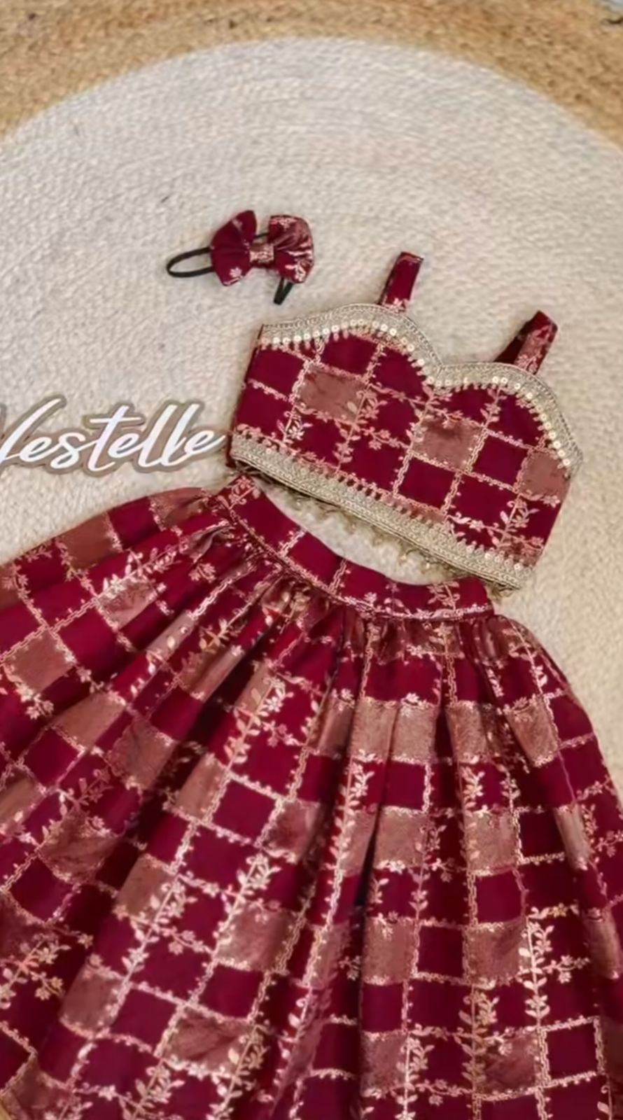 Kids Dola Tissue Jacquard Lehenga Choli Set with Embroidered Blouse for Girls