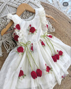Elegant Rose Embroidered Mul Cotton Frock with Tulip Tassels